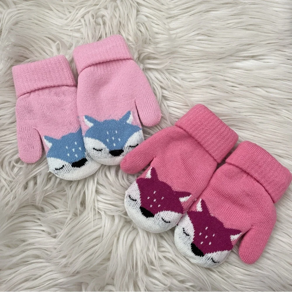 Toddler kids snow gloves with strings winter warm fox